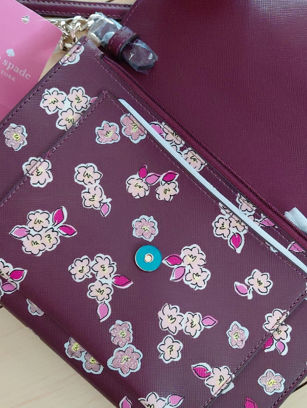 Kate Spade Flower Monogram Flap Crossbody Bag Burgundy Pink Wallet On Chain - Picture 8 of 10